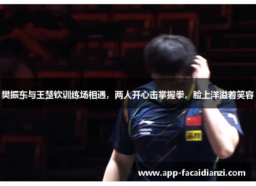 樊振东与王楚钦训练场相遇，两人开心击掌握拳，脸上洋溢着笑容